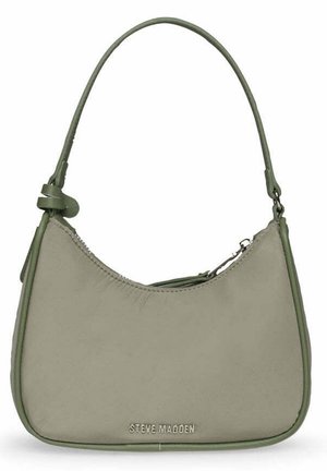 Sac à main en simili cuir vert avec une forme courbée, fermeture zippée sur le dessus et une seule bandoulière. Présente un logo en relief à la base.