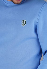 Helles blaues Sweatshirt aus weichem Stoff, mit grünem gesticktem Logo auf der Brust. Glatte Textur mit geripptem Halsausschnitt und Bündchen.
