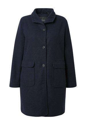Cappotto in misto lana blu navy con colletto, chiusura a cinque bottoni, due tasche frontali a toppa e design a taglio dritto. Tessuto morbido.