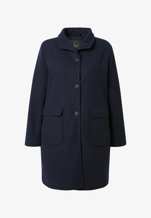 Navy wool blend coat featuring a collar, five-button closure, two front patch pockets, and a straight cut design. Soft texture.