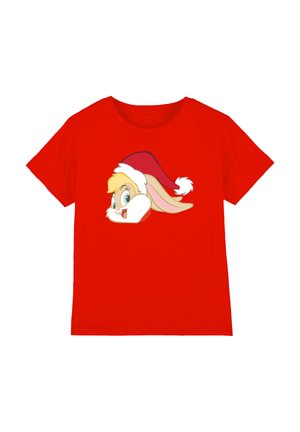 Red cotton t-shirt featuring a cartoon bunny with long ears and a Christmas hat, centered on the front. Smooth texture with short sleeves.