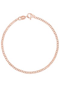 Rose gold bracelet made of linked metal chain. Features a lobster clasp with a small tag. Smooth texture and shiny finish.