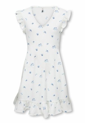 Biała krótka sukienka z małym niebieskim kwiatowym wzorem, falbaniastymi rękawkami typu cap, dekoltem w szpic i falbaniastym dołem.