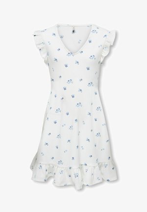 Robe courte blanche avec petit imprimé floral bleu, manches courtes à volants, encolure en V et ourlet à volants.