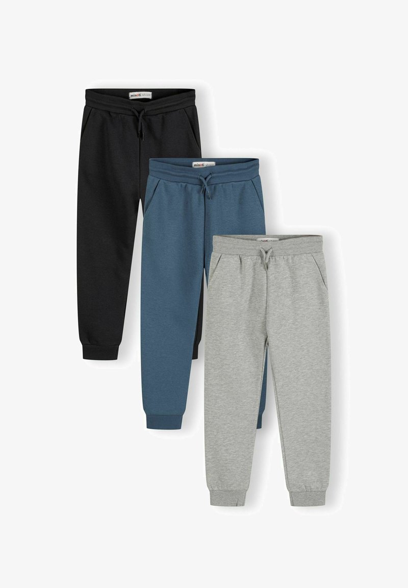 Trīs bikses ar elastīgu jostasvietu: melnas, zilas un pelēkas. Katrai ir regulējama šnīre un sānu kabatas.