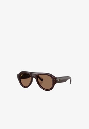 Mørkebrune Ray-Ban solbriller med runde stel og brune tonede linser vist i et trekvart vinkel på en hvid baggrund.