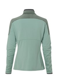 Helles grünes Zip-Jacke mit hohem Kragen, flachen Nähten und dunkleren grünen Akzenten an den Schultern. Strukturierter Stoff mit langen Ärmeln.