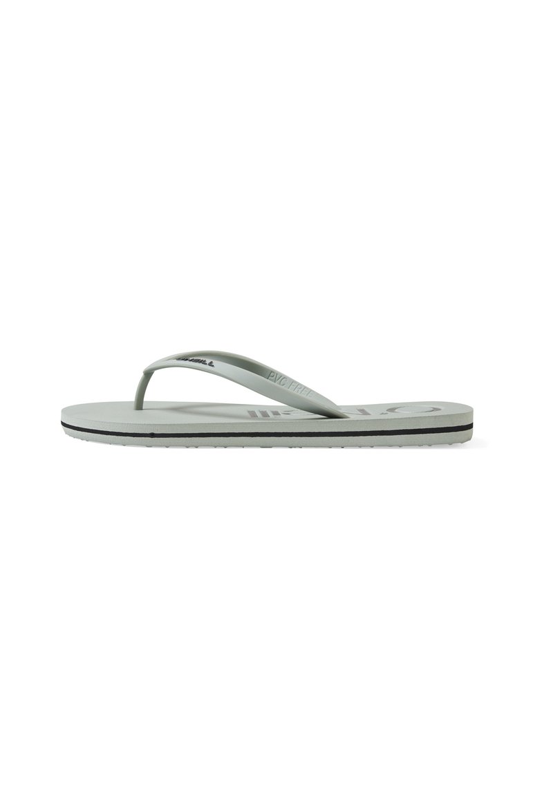 Lys grøn flip-flop med flad sål, tynde stropper og struktureret fodseng. Har en sort accentlinje langs kanten, PVC-fri materiale.