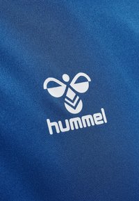 Modrý textil s hladkým povrchem, na kterém je bílé logo Hummel se stylizovanými křídly a vzorem ve tvaru chevronu ve spodní části.