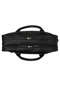 Schwarze Lederhandtasche mit doppelten oberen Reißverschlüssen, runden Griffen und einer glatten Oberfläche. Kompakte rechteckige Form mit minimaler Gestaltung.