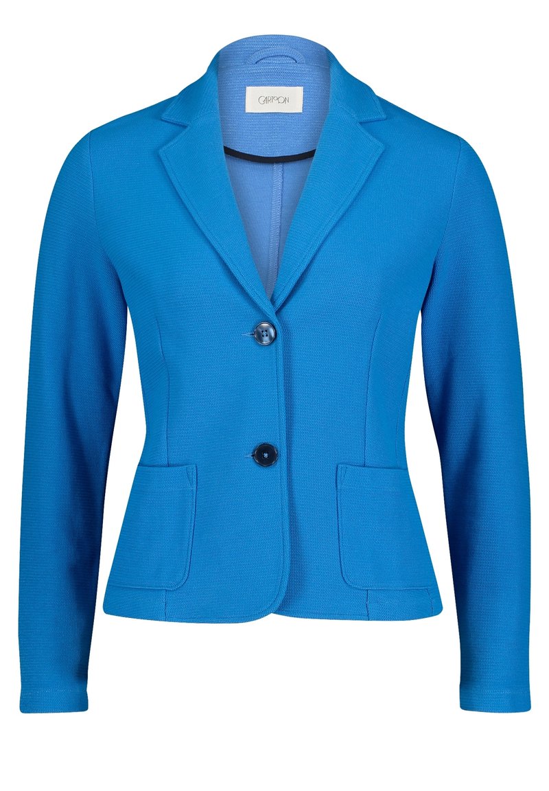 Blazer blu realizzato in tessuto strutturato con una vestibilità sagomata. Presenta un colletto a revers, due tasche frontali e una chiusura con un singolo bottone.