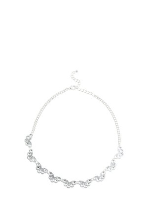 Silver chain necklace featuring heart-shaped crystal accents, reflective surface, delicate design, adjustable length with a lobster clasp.