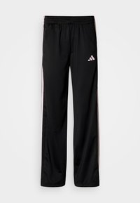 Μαύρο αθλητικό παντελόνι με ελαστική μέση, με ροζ ρίγες στις πλευρές και κεντημένο λογότυπο στο επάνω αριστερό πόδι.