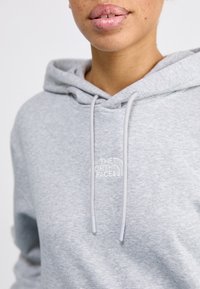 Lichtgrijze hoodie met een trekkoord, voorzien van een borduring aan de voorkant van "THE NORTH FACE." Zachte stoftextuur en casual ontwerp.