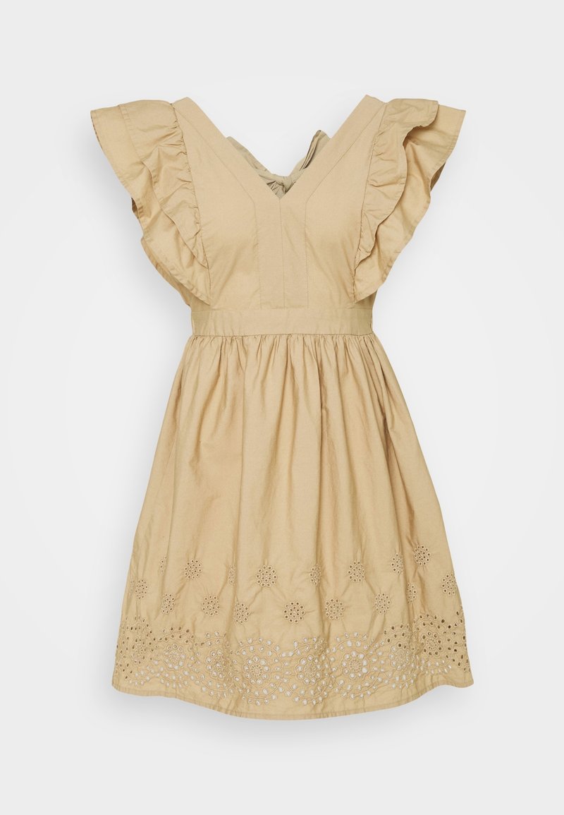 Robe en coton beige avec manches à volants, décolleté en V et motifs floraux brodés le long de l'ourlet. Jupe évasée avec taille froncée.