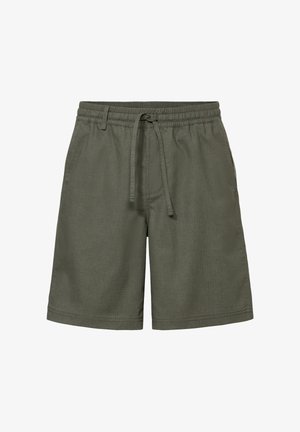 Pantaloncini verdi oliva fino al ginocchio con vita elasticizzata e coulisse, taglio dritto e tessuto strutturato.