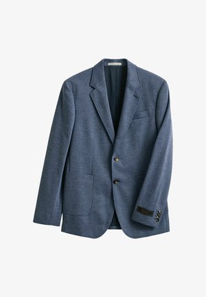 Blaues Herren-Sakko mit zwei vorderen Knöpfen, Spitzenrevers, drei vorderen Taschen und einem Etikett am linken Ärmelbündchen.