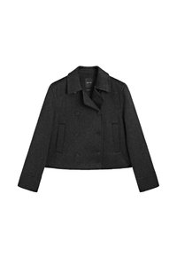 Black cropped double-breasted jacket made of textured fabric. Features a wide collar, two front pockets, and button closures.