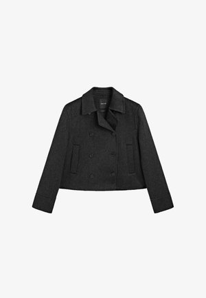 Giacca nera cropped a doppio petto realizzata in tessuto testurizzato. Presenta un ampio colletto, due tasche frontali e chiusure con bottoni.