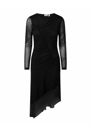 Robe midi noire avec manches longues transparentes, couture diagonale froncée et ourlet transparent asymétrique.