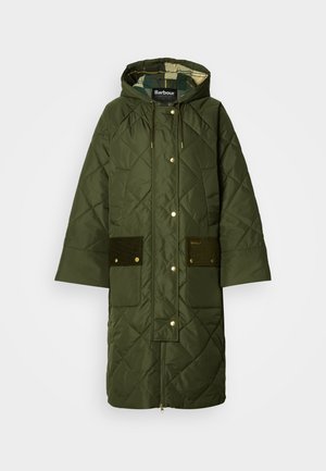 Tikitud roheline mantel kapuutsiga, kuldsete detalidega, kahe ribikangast taskuga ja mustrilise voodriga. Omadused on lõdvestunud lõige ja keskmise pikkusega disain.