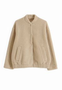 Beež sherpa fliisist jakk pikkade varrukatega, aluskraega, nööpidega kinnitusega, kahe esitaskuga ja elastse äärega.