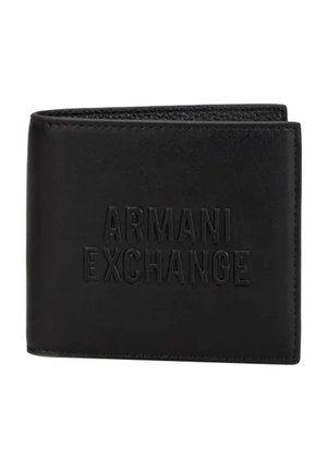 Portafoglio in pelle nera con superficie testurizzata caratterizzato dal logo "ARMANI EXCHANGE" in rilievo sul davanti. Design compatto, a doppia piega.