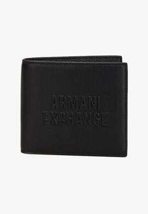 Portafoglio in pelle nera con superficie testurizzata caratterizzato dal logo "ARMANI EXCHANGE" in rilievo sul davanti. Design compatto, a doppia piega.