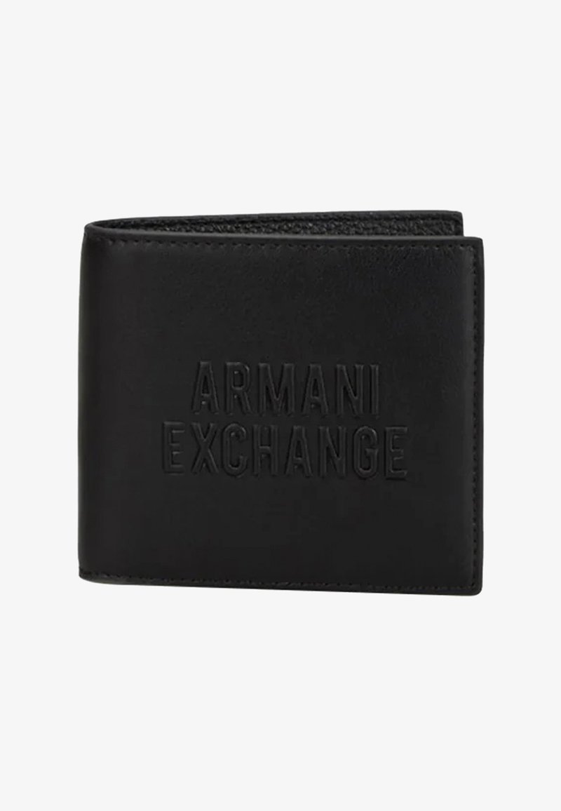 Portafoglio in pelle nera con superficie testurizzata caratterizzato dal logo "ARMANI EXCHANGE" in rilievo sul davanti. Design compatto, a doppia piega.