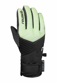 Schwarze und hellgrüne isolierte Skihandfläche mit gerippter Textur, verstärkter Handfläche und verstellbarem Handgelenkband. Verfügt über ein Logo auf der Rückseite.