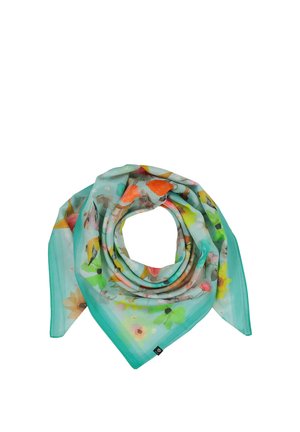 Light turquoise scarf with multicolored floral and bird patterns, loosely folded in a circular shape on a white background.