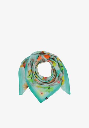 Hell-türkisfarbener Schal mit bunten Blumen- und Vogelmustern, locker zu einer kreisförmigen Form auf weißem Hintergrund gelegt.