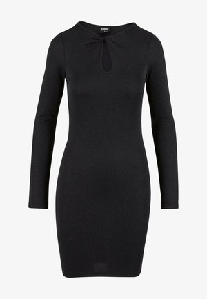 Black long-sleeve dress with a fitted silhouette, a keyhole detail at the neckline, and a subtle shimmer texture. Smooth fabric finish.
