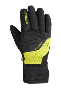 Schwarze wasserdichte Handschuhe mit gelben Akzenten und strukturierten Handflächen. Zu den Eigenschaften gehören ein verstellbarer Handgelenkriemen und atmungsaktives Material.