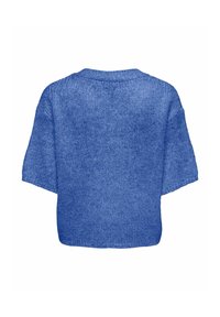 Modrý pletený svetr s volným střihem, krátkými rukávy a kulatým výstřihem. Má texturovanou látku a jednoduchý, čistý design.