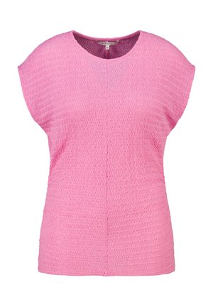 Roze kortärmlige, gestructureerde gebreide top met een ronde hals en lichte kapmouwen, aangegeven maat medium.