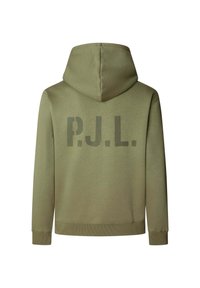 Olijfgroene hoodie met een zachte textuur. Heeft een grote "P.J.L." print in een donkerdere tint op de achterkant. Regular fit met ribgebreide boorden.