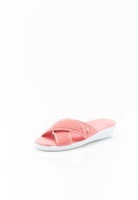 Infradito in tessuto rosa con design a fascetta incrociata, soletta imbottita e suola bianca. Presenta dettagli sottili sulle fascette.