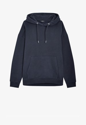 Tengerészkék kapucnis pulóver állítható húzózsinórral, elől kenguruzsebbel és bordás mandzsettákkal. Puha anyag, laza szabással.