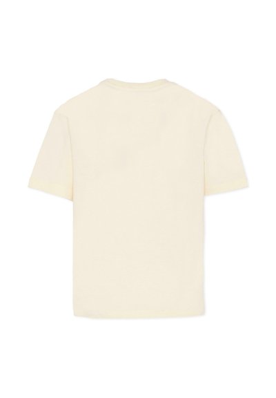 T-shirt z krótkim rękawem i okrągłym dekoltem wykonany z miękkiej, kremowej bawełny. Posiada luźny krój, gładkie plecy oraz brak widocznych elementów metalowych i wzorów.