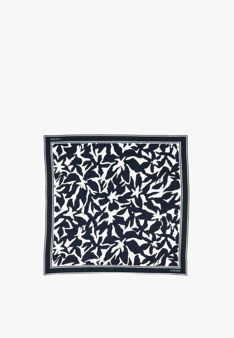 Vierkante zwart-witte sjaal met abstracte bladvormen en dunne dubbele rand, gelabeld "S. OLIVER" in twee hoeken.