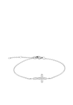 Delicate silver chain bracelet with a horizontal cross pendant made of small clear gemstones and a lobster clasp closure.