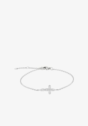Delikat armbånd i sølvkæde med et vandret korsvedhæng lavet af små klare ædelsten og lukning med karabinhage.