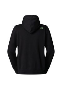 Sort hoodie med en glat tekstur, der har en snor i hætten, ribbede manchetter og North Face-logoet i grønt på den øverste ryg.