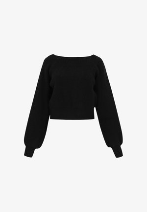Czarny, krótkie sweter z długimi, bufiastymi rękawami. Wykonany z teksturowanej przędzy, z szerokim dekoltem i ściągaczami przy mankietach.