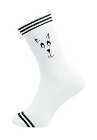 Vit crew-strumpa med svarta ränder vid mudden och tån, med en enkel svart kattansiktsdesign på vristen.