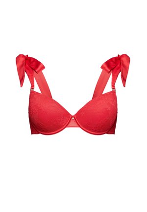 Roter Spitzen-BH mit glatten Tassen, satinierten Trägern, die mit Schleifen versehen sind. Strukturiertes Blumenmuster, mit Unterstützung durch Bügel und einem kleinen silbernen Akzent in der Mitte.