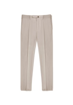 Beige Chinos aus weichem Material, mit geradem Schnitt, vorderem Reißverschluss und Gürtelschlaufen, zwei Seitentaschen und zwei Gesäßtaschen.