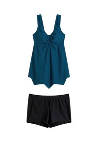 Set di costumi da bagno a due pezzi composto da un top tankini a fantasia color turchese con dettaglio a nodo e pantaloni corti neri. Il tankini ha spalline larghe e un orlo svasato.