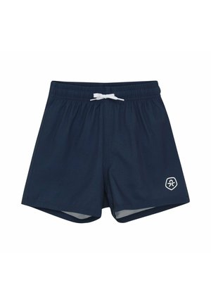Marineblaue Badeshorts mit elastischem Bund, weißem Kordelzug und kleinem weißem Logo am linken Bein.